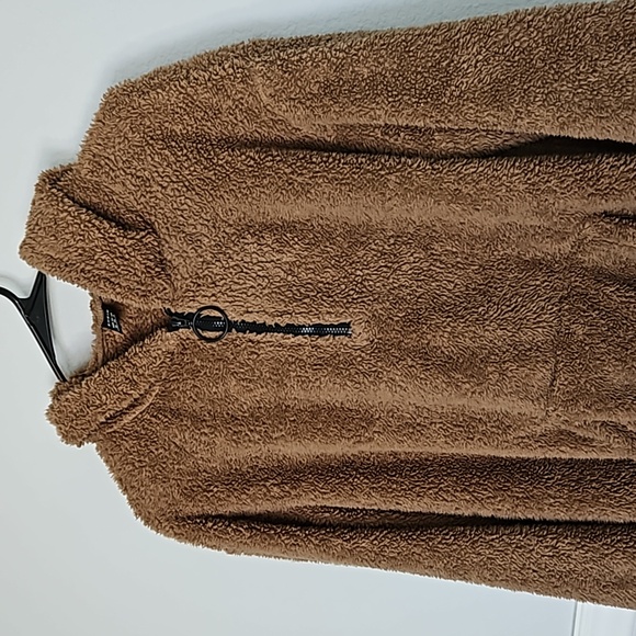 SHEIN Sherpa Long Sleeve Half Zip Teddy Hoodie w Kangaroo Pouch Brown Black XS - Picture 3 of 12